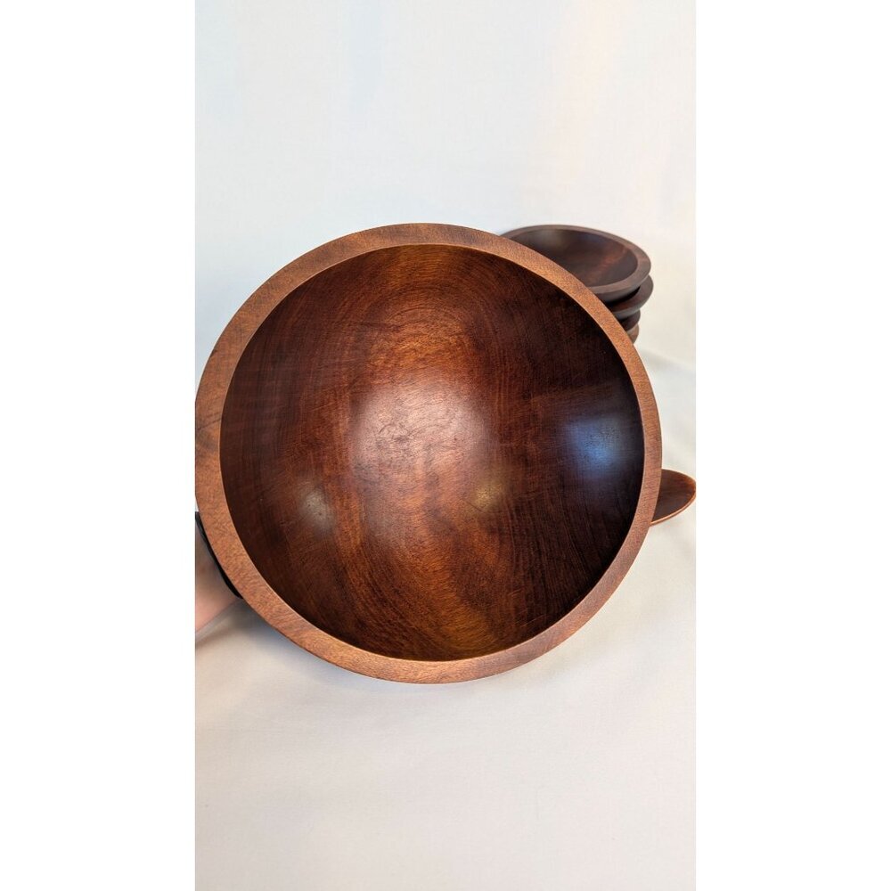 Vintage MCM Baribocraft salad bowl set handcrafted Canadian maple bowls utensils - Picture 3 of 13